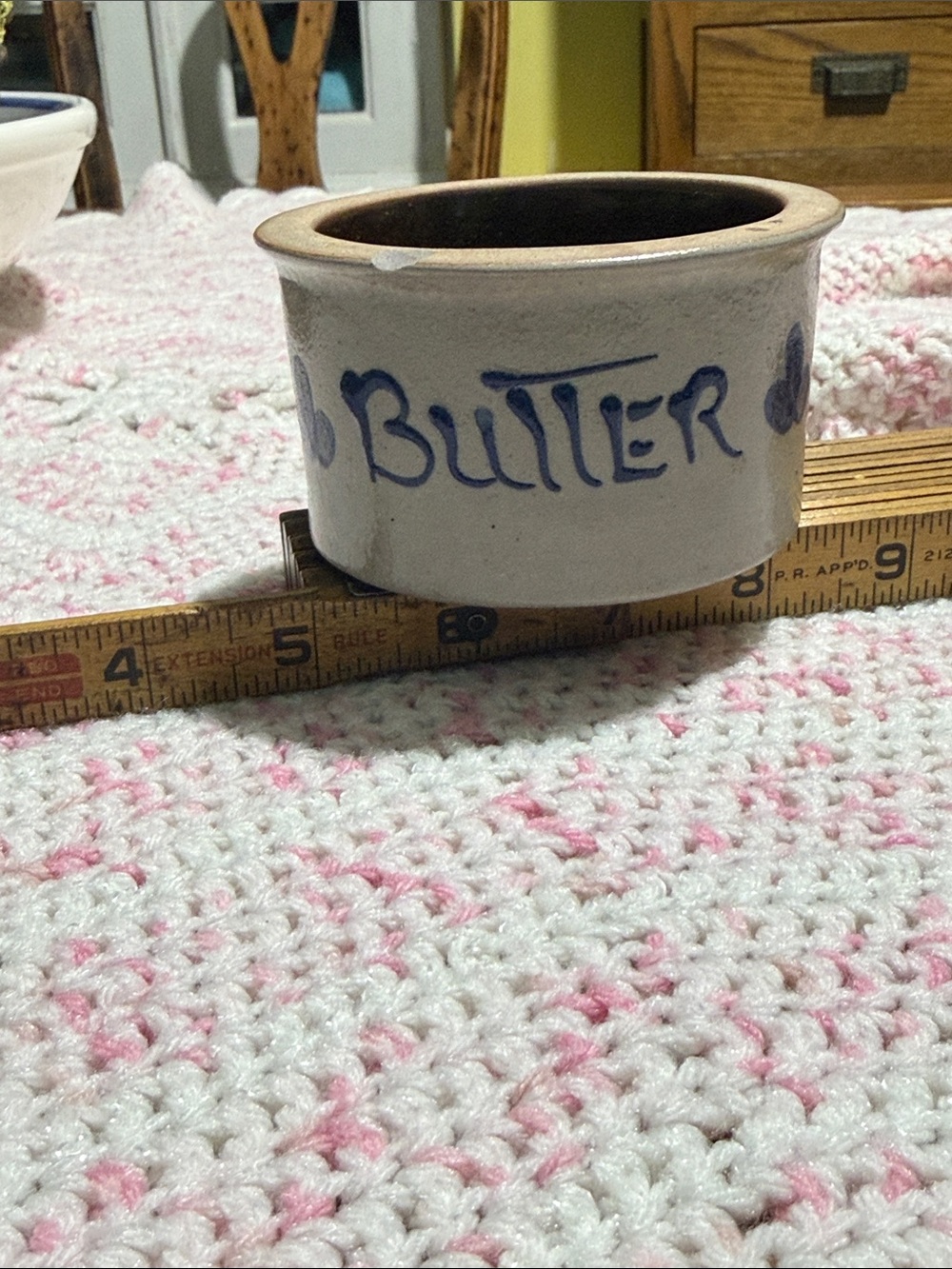 Vintage salt glazed mini butter crock blue grey clover’s farmhouse